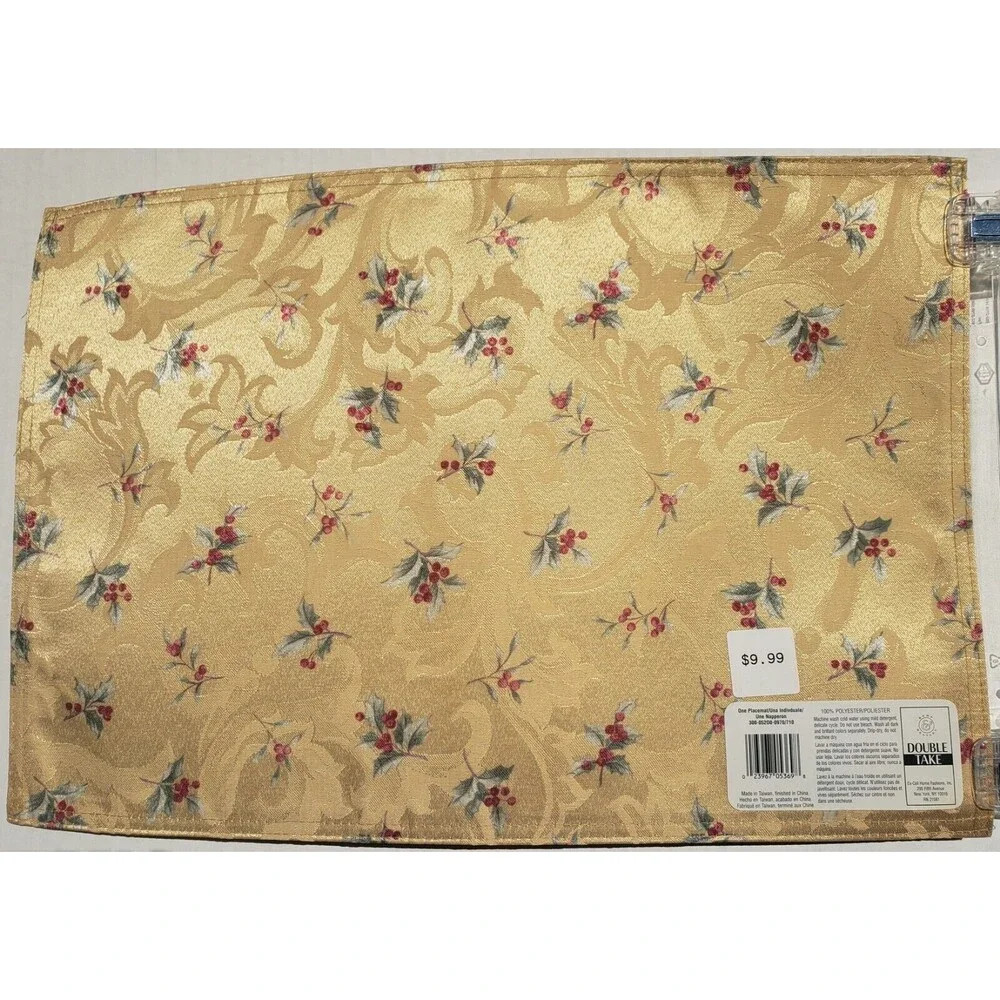 Set of 4 Double Take Holly & Ribbon Christmas Reversible Polyester Placemats